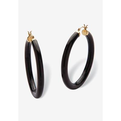Women's Genuine Black Jade Hoop Earrings In 14K Yellow Gold by PalmBeach Jewelry in Black