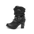 FARZAH Womens Studded Buckle Strap Slouchy Mid Calf Boots, Stretchy Pull-On Chunky Block Heel Winter Fashion Dress Boots for Women (Color : Black, Size : 5.5 UK)