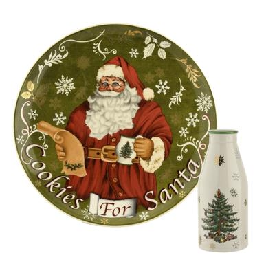 Spode Christmas Tree 2 Piece Cookies for Santa Plate and Milk Bottle Set - 8.5" D