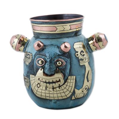 Crying Cat,'Peru Tiahuanaco Culture Cat Vase in Copper and Bronze'
