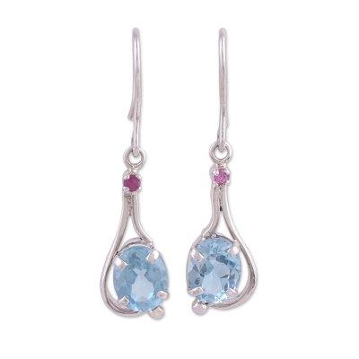 Enthralling Sky,'Indian Blue Topaz and Ruby Sterling Silver Dangle Earrings'