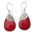 Bali Pear,'Red Teardrop Sterling Silver and Resin Dangle Earrings'