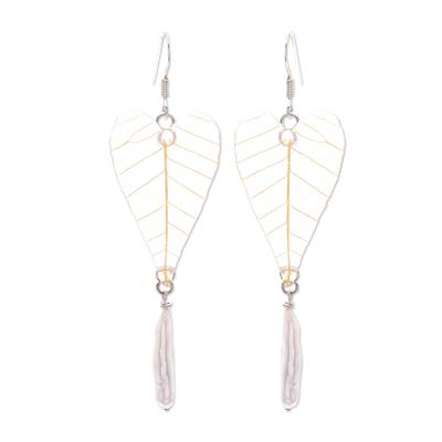 Heart of Nature,'Cultured Pearl & Natural Leaf Dangle Earrings from Thailand'