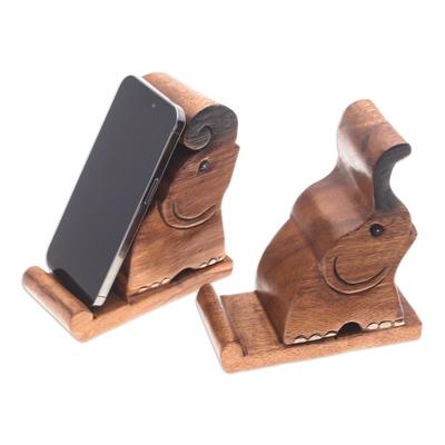 'Set of Two Hand-Carved Elephant Raintree Wood Phone Holders'