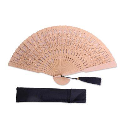 Serenity Bloom in Natural,'Hand Made Wood Fan in Natural with Pouch from Indonesia'