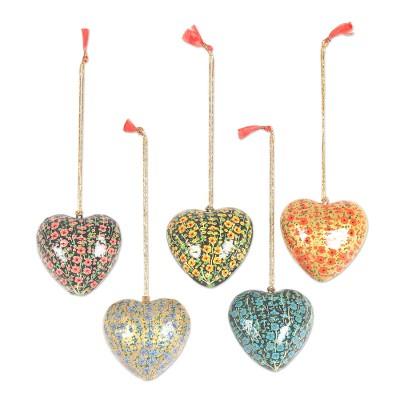 Christmas Garlands,'Papier Mache Heart Shaped Floral Ornaments (Set of 5)'