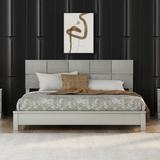 King Platform Bed,Wood Platform Bed,Champagne Silver Platform Bed w/Headboard & Slats Support,Solid Rubber Wood Frame&Legs