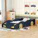 Twin Car Bed Frame, Wood Platform Bed with Wheels & Storage, Race Car Shaped Bed w/Wooden Slats, No Box Spring Needed, Dark Blue