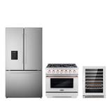 Cosmo 3 Piece Kitchen Appliance Package w/ French Door Refrigerator, 36" Gas Freestanding Range, & Wine Refrigerator in Black/Gray | Wayfair