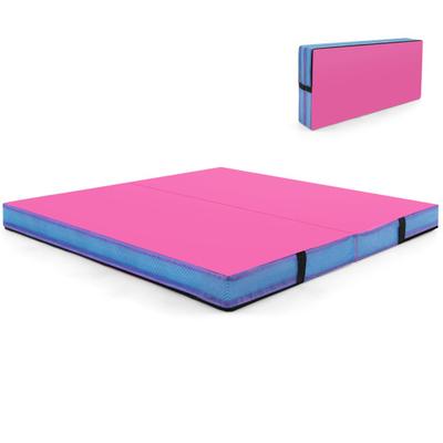 Costway 4ft x 4ft x 4in Bi-Folding Gymnastic Tumbling Mat with Handles and Cover-Pink