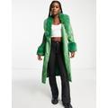 New Look leather look trench coat with faux fur collar and cuff detail in green