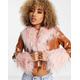 Jayley short vinyl look faux fur trim jacket in tan-Brown