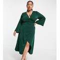 ASOS DESIGN Curve bias cut satin wrap dress with tie waist in forest green