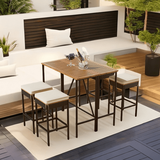 Glavbiku 5 Piece Outdoor Patio Wicker Bar Set with 4 Upholstered Stools Foldable Dining Table Brown