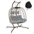 NICESOUL Outdoor Oversized 2 Person Wicker Swing Egg Chair Double Hanging Egg Chair with Stand 510lbs Capaticy for Bedroom Balcony Patio (Light Grey/Beige with Cover)