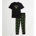 Men's Black Cotton Cuffed Jogger Pyjama Set with Muscle Sprout Print New Look