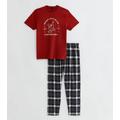 Men's Red Cotton Trouser Pyjama Set with Christmas Tree Logo New Look