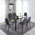INO Design Furniture 7 Piece Deluxe Transparent Glass Top Dining Table Dinette Set for 6 Upholstered Fabric Chairs with Metal Leg (Grey)