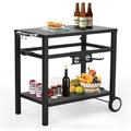 Outdoor Grill Cart Pizza Oven Stand BBQ Prep Table with Wheels & Hooks Side Handle Double-Shelf Grilling Cart Tabletop Griddle Cooking Station for Patio Camping Bar Home (Black)