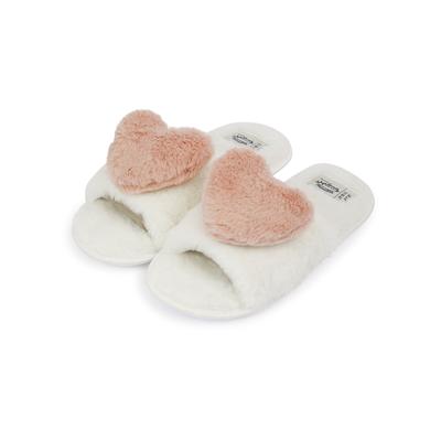 Slippers Heart Faux Fur Open Toe Slippers with Faux Fur Lining in Cream / 3-4 (36-37) - Tokyo Laundry
