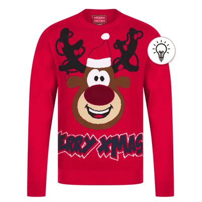 Jumpers Men's Merry Lights Motif LED Light Up Novelty Christmas Jumper in George Red - Merry Christmas / M - Tokyo Laundry