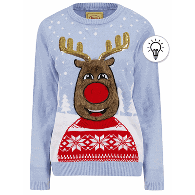 Jumpers Women's Happy Vixen Motif LED Light Up Novelty Christmas Jumper in Powder Blue - Merry Christmas / 12/M - Tokyo Laundry
