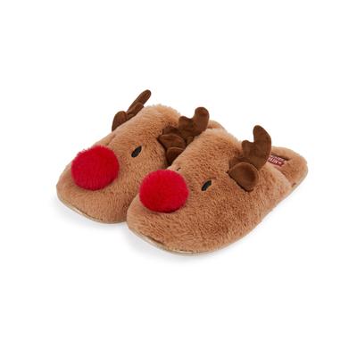 Slippers Women's Rudy Red Nose 3D Rudolph Reindeer Faux-Fur Christmas Mule Slippers in Light Brown - Merry Christmas / 7-8 (40-41) - Tokyo Laundry