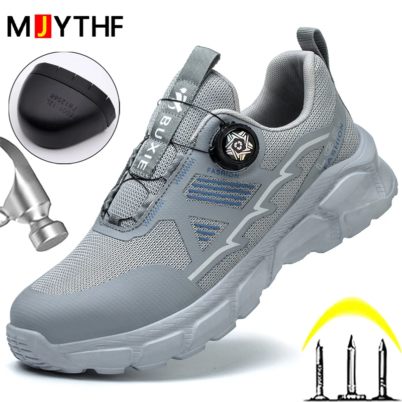 Chaussures de sécurité pour hommes à bouton rotatif, baskets de sécurité avec embout en acier, chaussures de travail anti-perforation, chaussures de sécurité sportives anti-écrasement, chaussures de