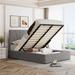 Full Size Solid Wood Hydraulic System Platform Bed, Linen Upholstered Bed with Headboard and Storage Space