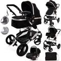 Baby Stroller 3 in 1 Pram Pushchair Buggy Child Lightweight Folding Stroller 3 in 1 Travel System Pram for Newborns Toddlers 0-36 Months from Birth Aluminium (Black - Silver Frame)