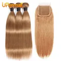 UperMixer-Mèches Remy 3/4 Naturelles Lisses avec Closure Couleur Blond Miel Transparent 4x4 5x5