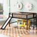 Full Size Loft Bed, Wood Kids Low Loft Bed Frame with Ladder and Slide, Espresso