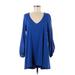 Lovers + Friends Casual Dress - Mini Plunge Long sleeves: Blue Print Dresses - Women's Size Small