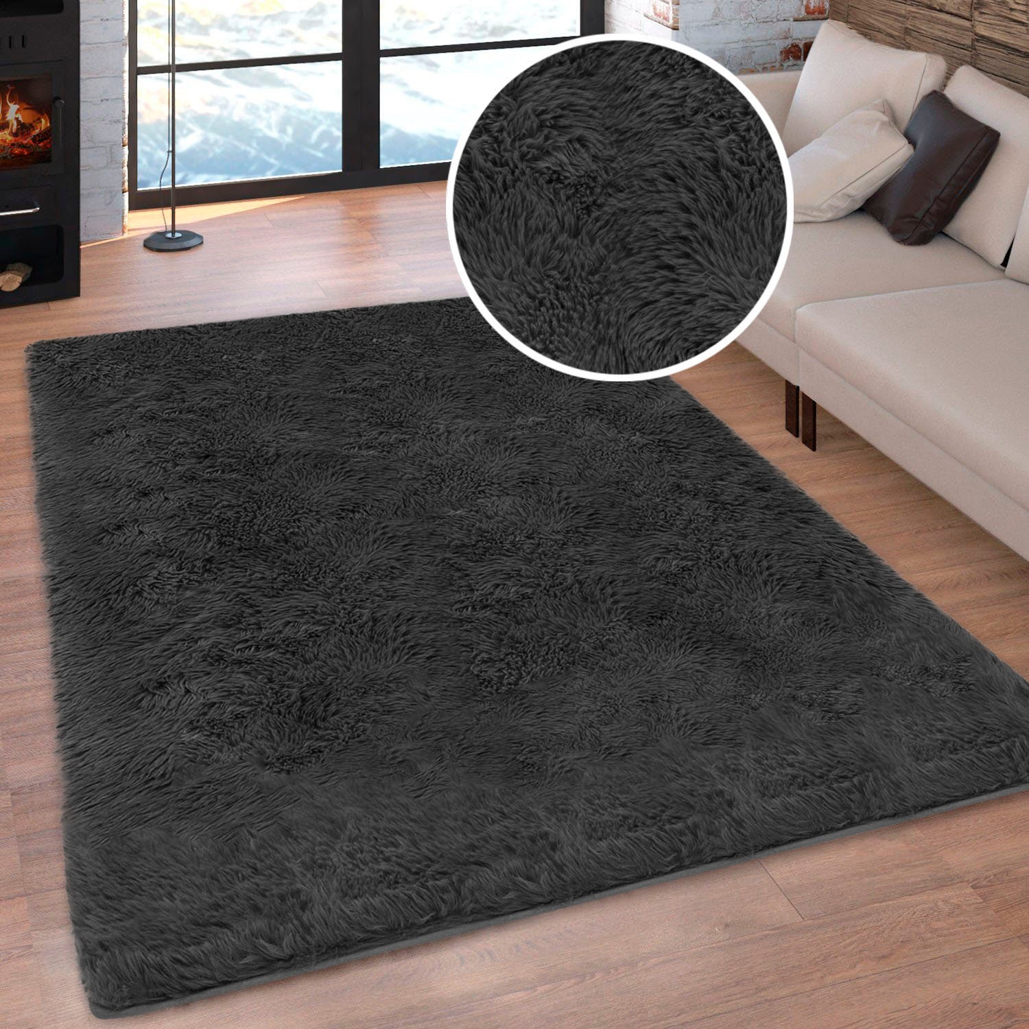 Hochflor-Teppich MY HOME "Silky, besonders weich und kuschelig, sehr dichte Qualität" Gr. 6, schwarz, B:200cm H:33mm L:290cm, Kunstfaser, Teppiche, rutschhemmend beschichtet, waschbar, uni, Wohnzimmer, Schlafzimmer Image