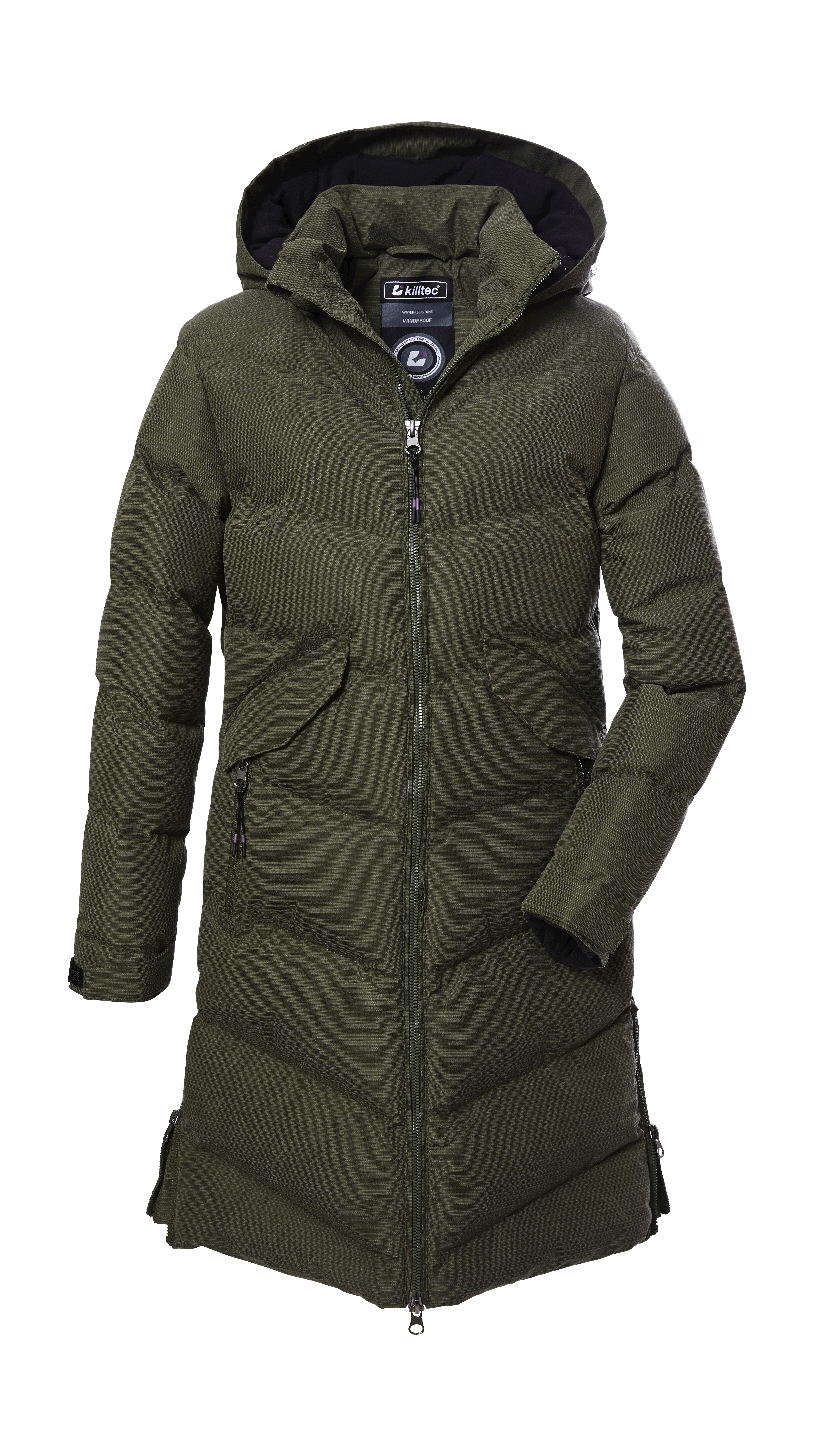 Steppmantel KILLTEC "KOW 167 GRLS QLTD CT", Kinder, Gr. 176, grün (olivgrün), Oberstoff: 100% Polyester, Futter: 100% Polyester, Wattierung: 100% Polyester, Mäntel, Wasserabweisender Mädchenmantel mit verstellbarer Kapuze und Fleece Image