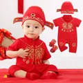 Newborn Baby Chinese Traditional Tang Suit Romper For Kids Shoes Hat Jumpsuit Hanfu New Year Spring