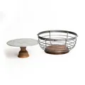 KitchenCraft Industrial Kitchen Mango Wood Footed Cake Stand And Wire Fruit Basket Set