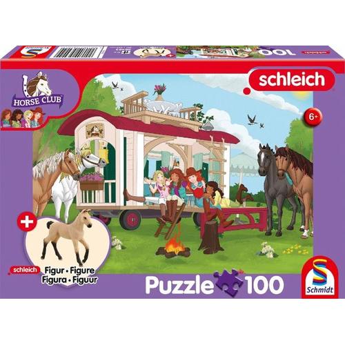 Schmidt 56463 - Schleich, Horse Club, Lagerfeuer am Wohnwagen, Kinderpuzzle mit Hannoveraner Fohlen Falbe Figur, 100 Teile - Schmidt Spiele