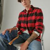 Lucky Brand Plaid Utility Cloud Soft Long Sleeve Flannel - Men's Clothing Tops Tees Shirts in Red/Black Plaid, Size XL