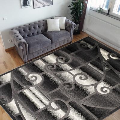 HR Gray, Black, Ivory Contemporary Living Room Rugs-Abstract Carpet with Geometric Swirls Pattern