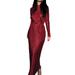 Women s Solid Color Long Sleeve Half High Neck Ruched Tie Up Dress