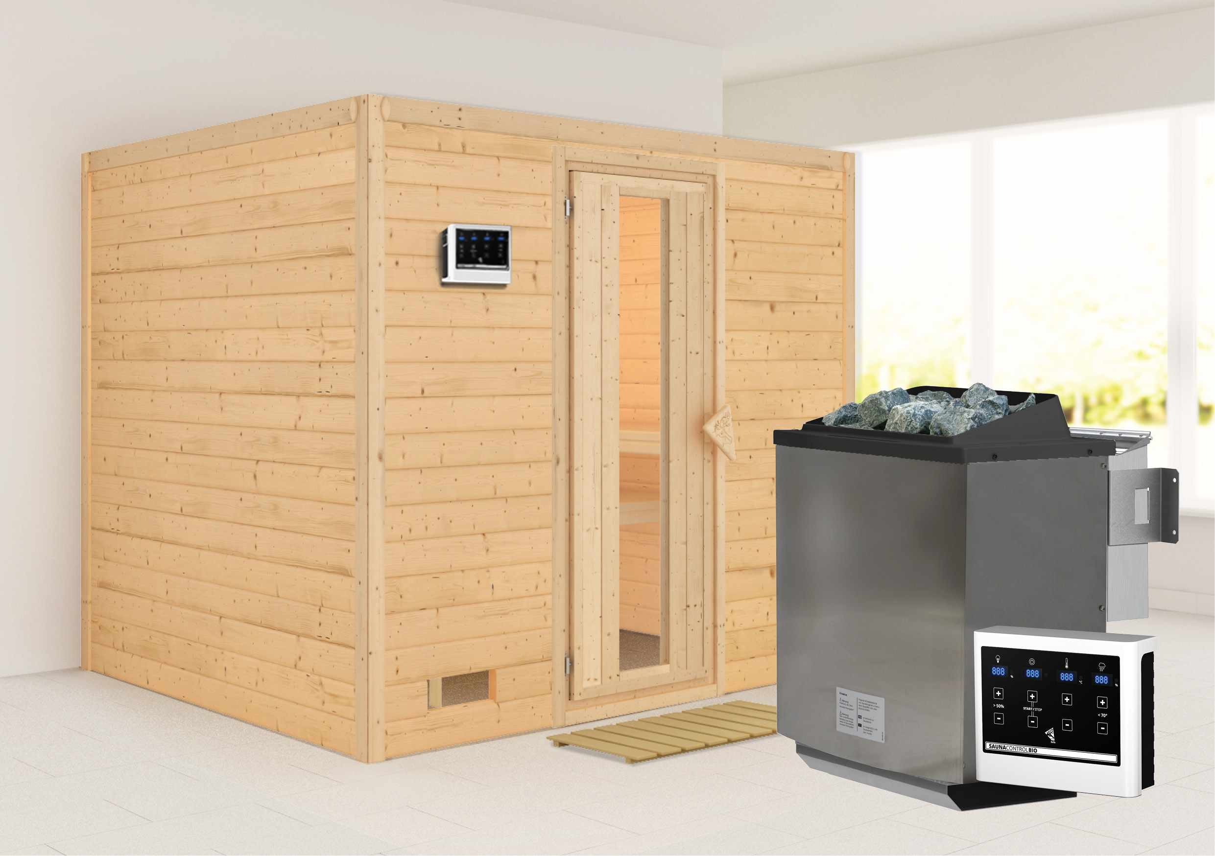 Sauna KARIBU "Soraja", beige (naturbelassen), Bio-Kombiofen, externe Steuerung, 9 kW, Saunen, 9-kW-Bio-Ofen mit externer Steuerung