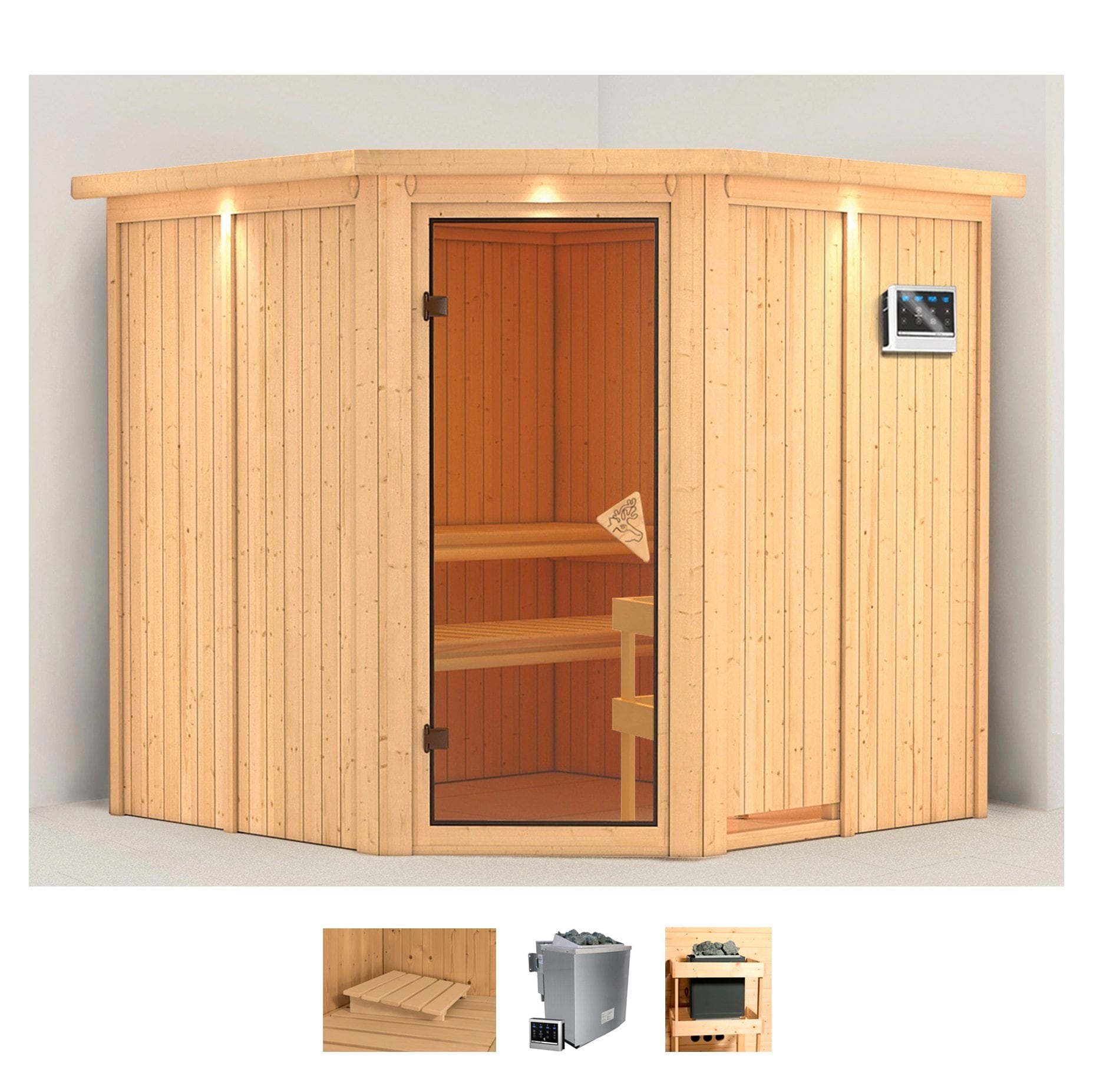 Sauna KARIBU "Jarin", beige (naturbelassen), Bio-Kombiofen, externe Steuerung, 9 kW, Saunen, 9-kW-Bio-Ofen mit externer Steuerung Image