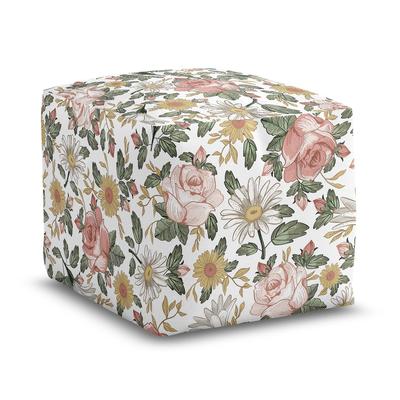 Vintage Floral Boho Girl Unstuffed Ottoman Pouf Cover Bohemian Shabby Chic Rose Daisy Farmhouse Wildflower Leaf Sage Green White