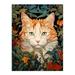 Fat Ginger Cat In Foliage And Flowers Floral Design Illustration Artwork Large Wall Art Poster Print Thick Paper 18X24 Inch