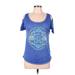 Rosie Harlow Short Sleeve T-Shirt: Scoop Neck Cold Shoulder Blue Marled Tops - Women's Size Medium