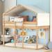 Twin Over Twin Bunk Bed with Tent, Fence Shaped Soild Wood Playhouse Platform Bed with Stairs for Kids Bedroom, Natural