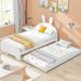 Twin Size Wood Platform Bed with Cartoon Ears Shaped Headboard and Trundle, Solid Wood Bed Frame for Kids Boys Girls