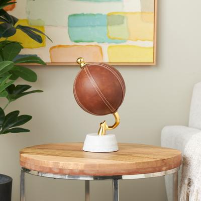 Brown Leather Handmade Stitched Globe with White Marble Base