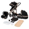 Magic ZC 3 in 1 Baby Stroller 3 in 1 Pushchair Baby Travel System High Landscape Foldable Stroller Baby Trolley Newborn Buggy Infant Carriage Baby Pram for Baby 0-36 Months (Black Gold 588)